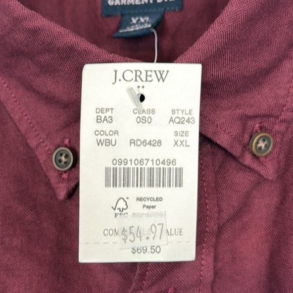 Men’s J Crew Factory Burgundy Garment Dyed Oxford Shirt. Size XXL. NWT - Picture 5 of 12